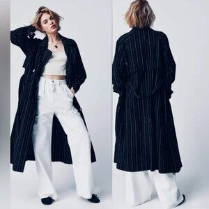 New Free People Linen Blend Blue Striped Melia Mac Trench Coat Size XS